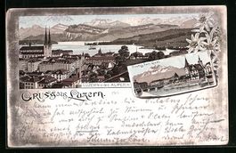 Litho Luzern, Ortsansicht mit den Alpen,