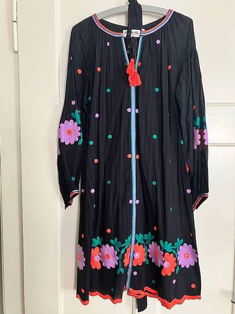 Baumwollkleid, langärmlig, schwarz/bunt gemustert, Gr.36
