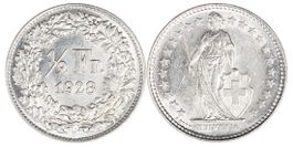 ½ Franken von 1928 (unzirkuliert +). Ab 1.--