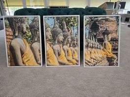 3er Set Bilder Buddha Motiv weiss gerahmt