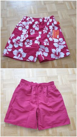 2-in-1 Style - wendbare Badeshorts - L - Hibiskus + Uni