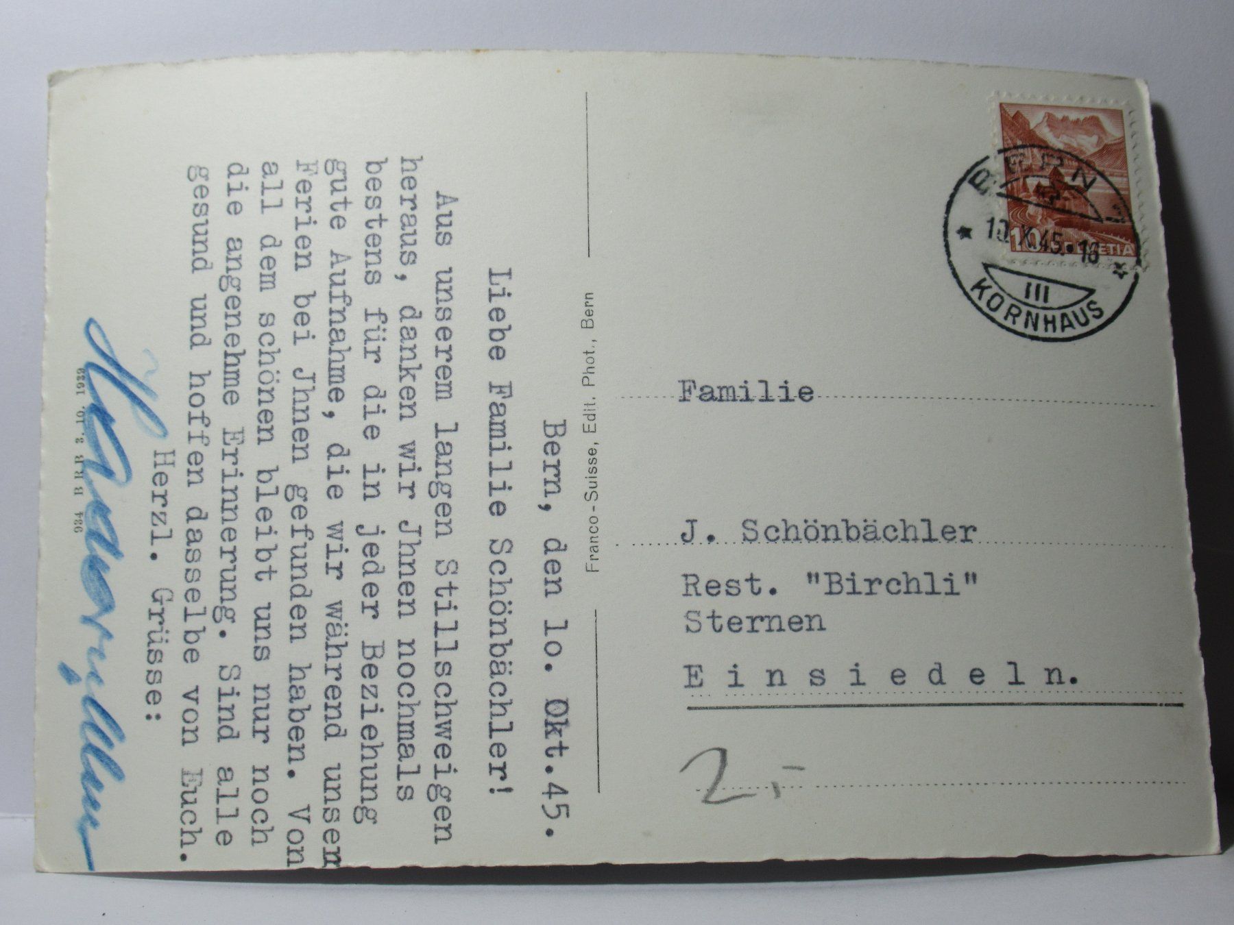 Ansichtskarten: Ausblick vom Gurten auf Bern  1945 – Gebraucht aus Grenchen von Bluemchen1900 1
