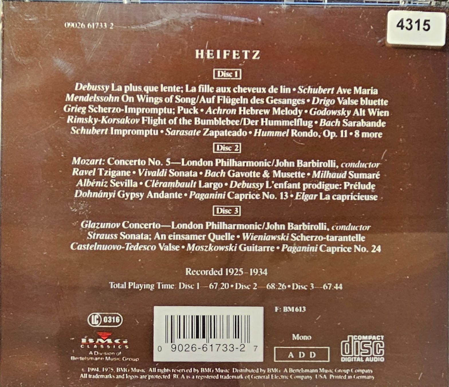 CD: Jascha Heifetz – 1925-1934 – Usato da Wahlen b. Laufen venduto da Cg10 4