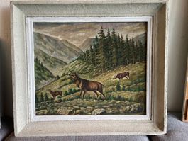 Camillo Kurtz  Hirsch Malerei mit Berglandschaft, gerahmt
