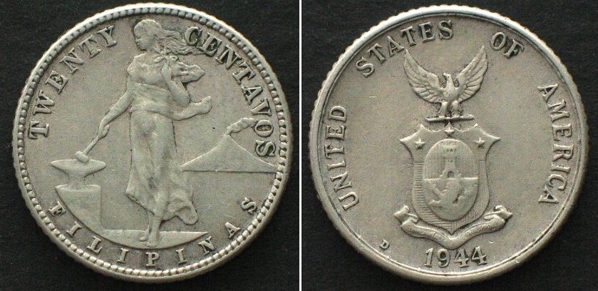 Tutti le monete: PHILIPPINEN 20 Centavos 1944 D, US-ADMINISTRATION Silber vz+ – Usato da Riehen venduto da sesambestcoins2004