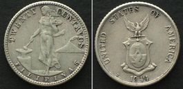 PHILIPPINEN 20 Centavos 1944 D, US-ADMINISTRATION Silber vz+