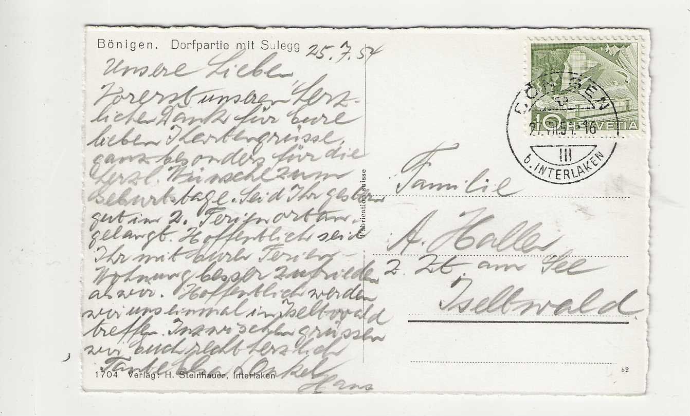 Cartoline postali: Bönigen, 1951 – Usato da Spiez venduto da Niesen20 1