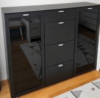 Kommode schwarz, 3 Schubladen 2 Türen, Spiegelglas schwarz