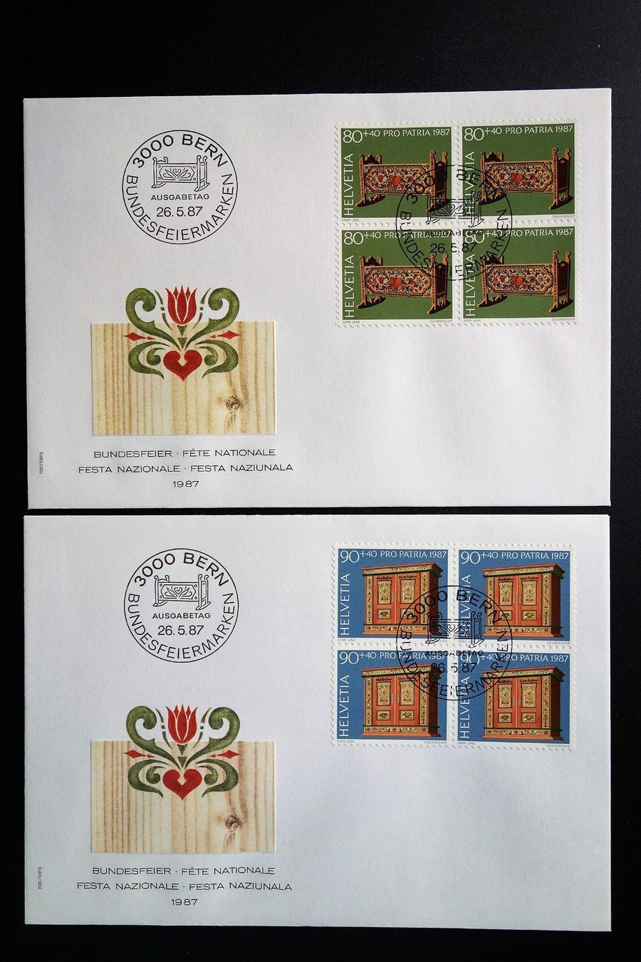 Tutti i francobolli: 1987 4 FDC Viererblöcke Bauernmöbel – Nuovo (secondo la descrizione) da Mettmenstetten venduto da Sutasso