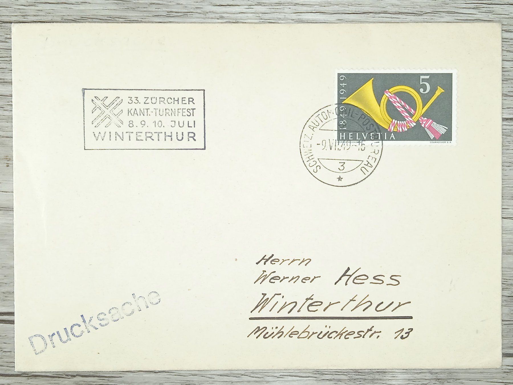 Alle Briefmarken: TR13 Enveloppe + Timbre Suisse 1949 – Gebraucht aus Cousset von Patrick_Collections