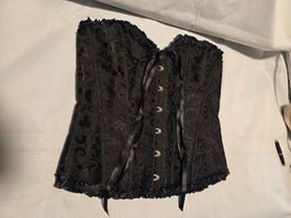 Edle schwarze Brokat-Corsage mit Schnürung & Rüschen, Gr. XL