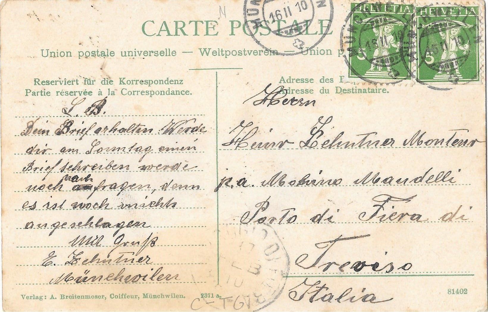 Cartoline postali: Münchwilen Strassenpartie – Usato da Olten venduto da clotaldi 1