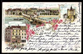 Lithographie Basel, Klein-Basel mit Brücke, Geschäftshaus Ju