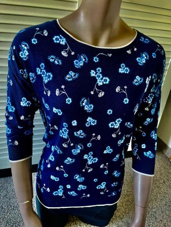 3/4 Arm Shirt, 100% Viscose, navy, Blümchendruck