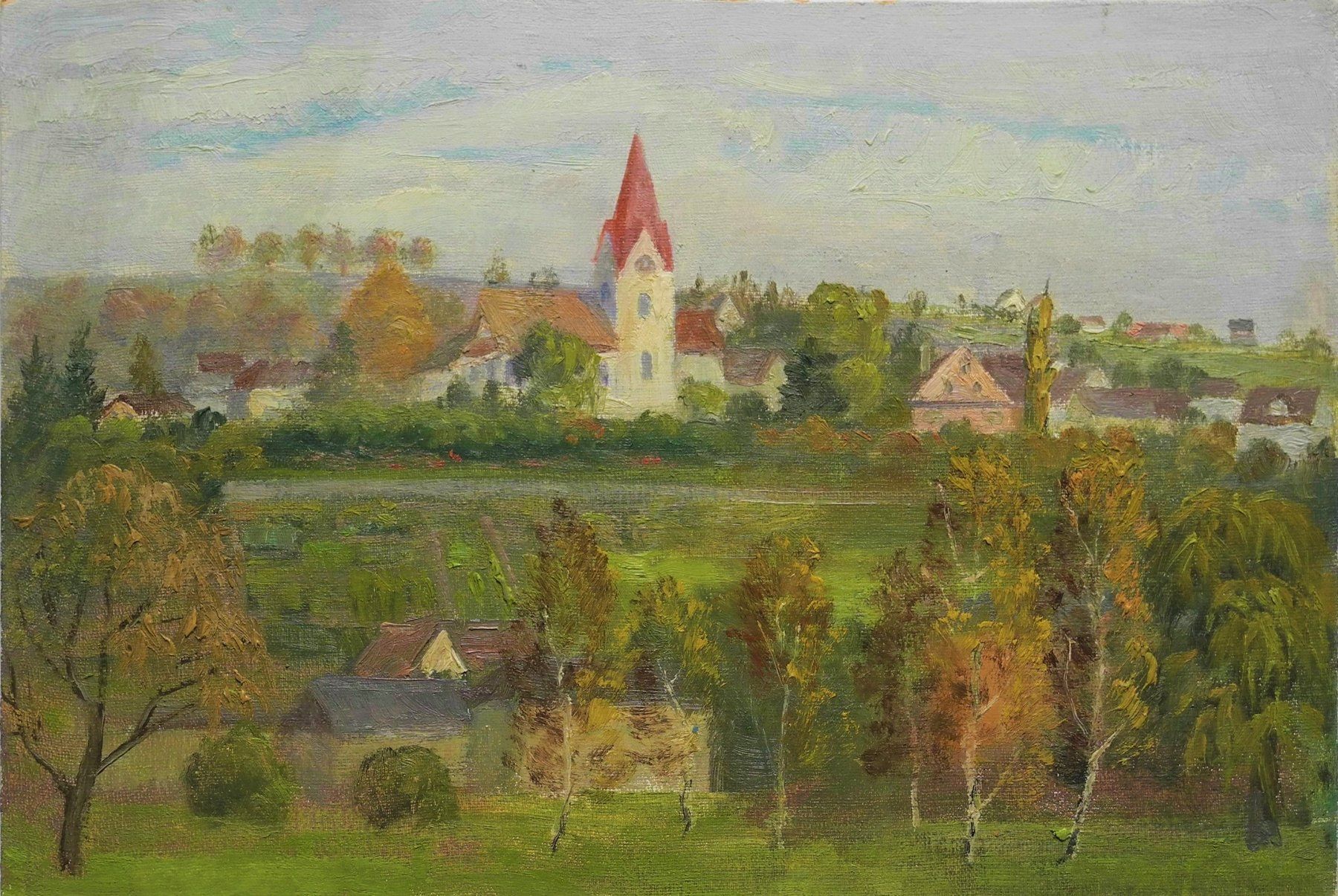 Gemälde: Antikes Ölgemälde Landschaft mit Dorf um 1930 – Gebraucht aus Wünnewil von FineArt-NicePrice