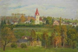Antikes Ölgemälde Landschaft mit Dorf um 1930