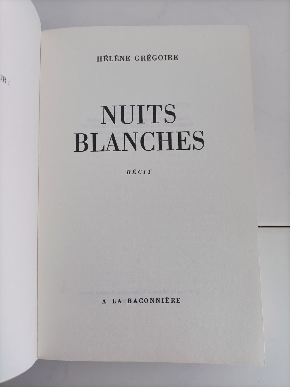 Bücher: Nuits blanches / Hélène Grégoire / A la Baconnière 1977 – Gebraucht aus crans montana von AB3963 1