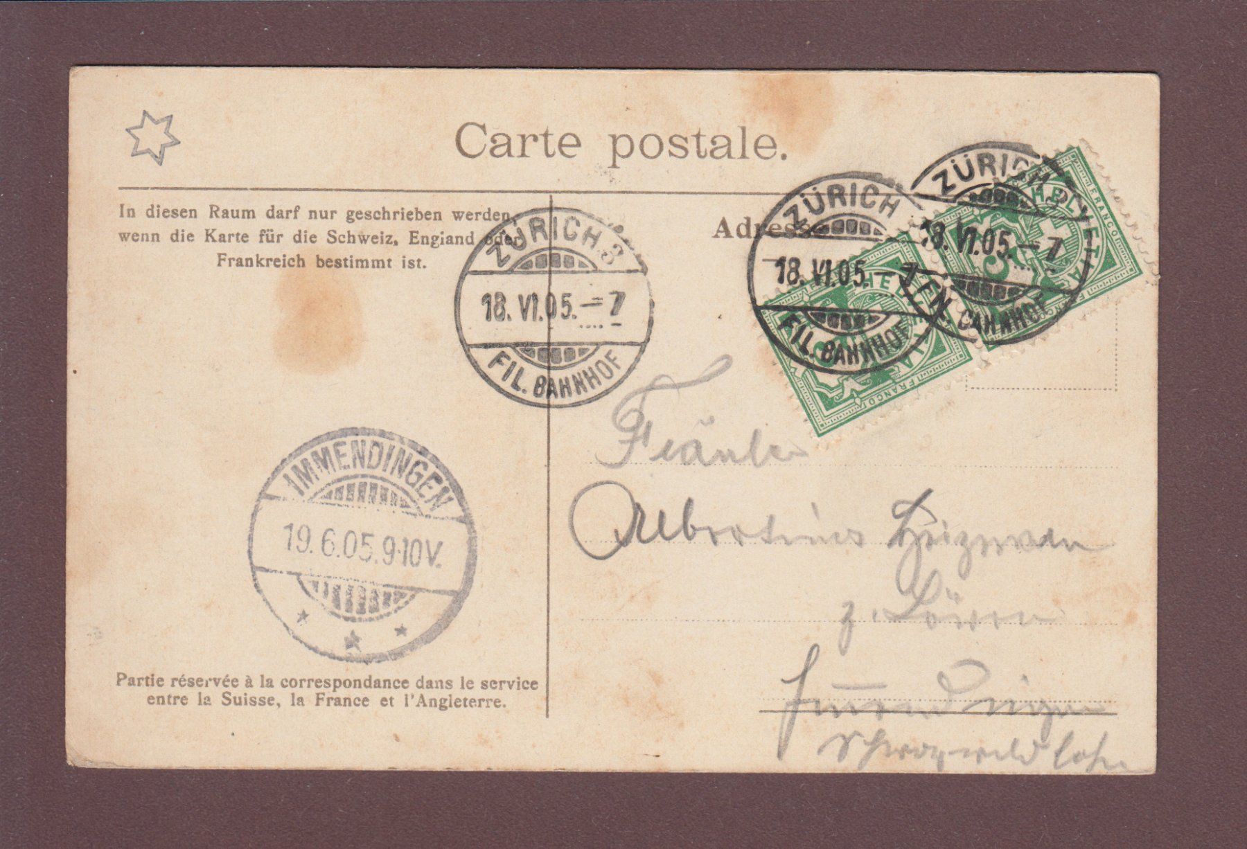 Cartoline postali: ZÜRICH - Bahnhofstrasse - Terminus - 1905 – Usato da Pully venduto da nicecards 1