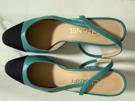 Scarpe Chanel donna tacco medio turquoise e nere taglia 38