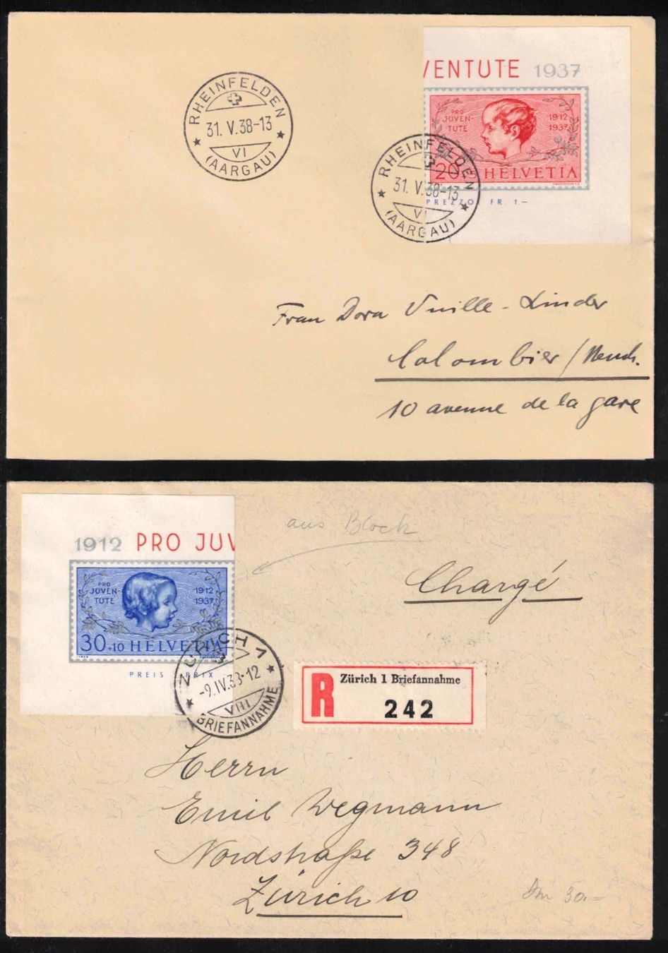 Tutti i francobolli: Pro Juventute 1937 Blockausschnitte auf 2 Briefen – Nuovo (secondo la descrizione) da Nuglar venduto da Stamp88