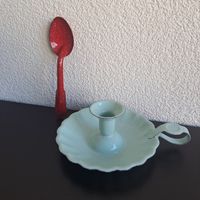 Kerzenständer Mintgreen und Löffel Emaille rot weisse Tupfen