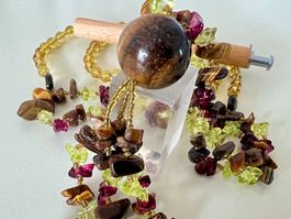 Edelstein Long Kette Tigerauge Peridot Granat Quaste Unikat