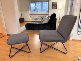 Sessel mit Hocker grau Stoff Metallgestell guter Zustand