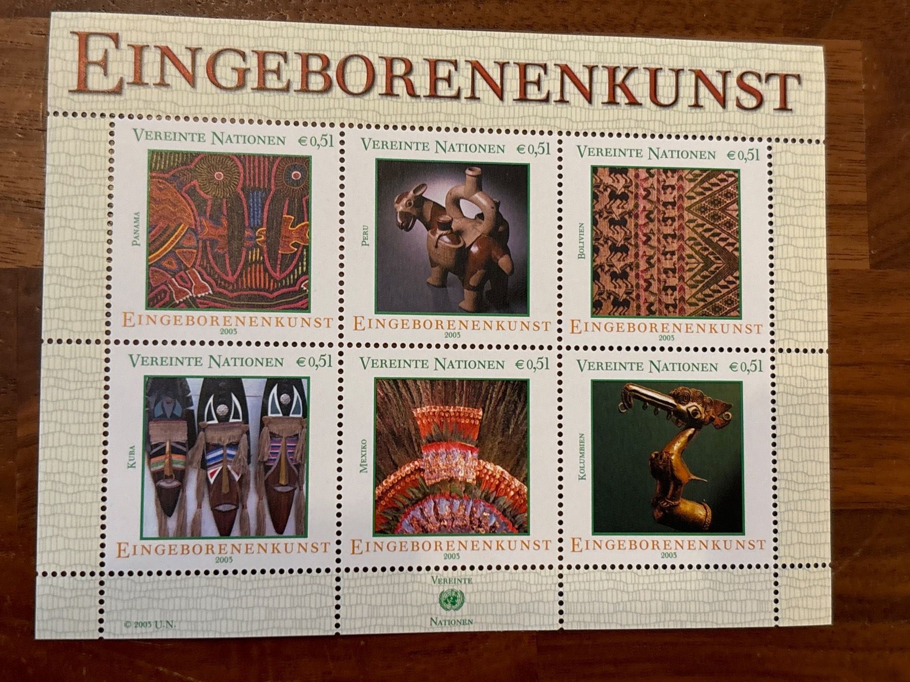 Alle Briefmarken: UN Briefmarken 2005 "Eingeborenenkunst" 6er Block postfrisch – Neu und originalverpackt aus Zürich von engebrunau