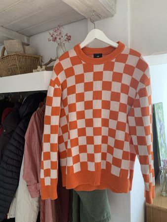 Orange & White Checkered Knit Sweater -  100% Cotton