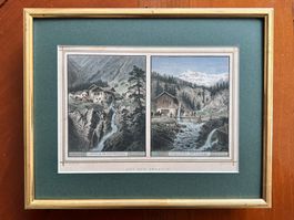 Doppelbild ENGADIN: Pontresina + Samedan (Stich von 1860)
