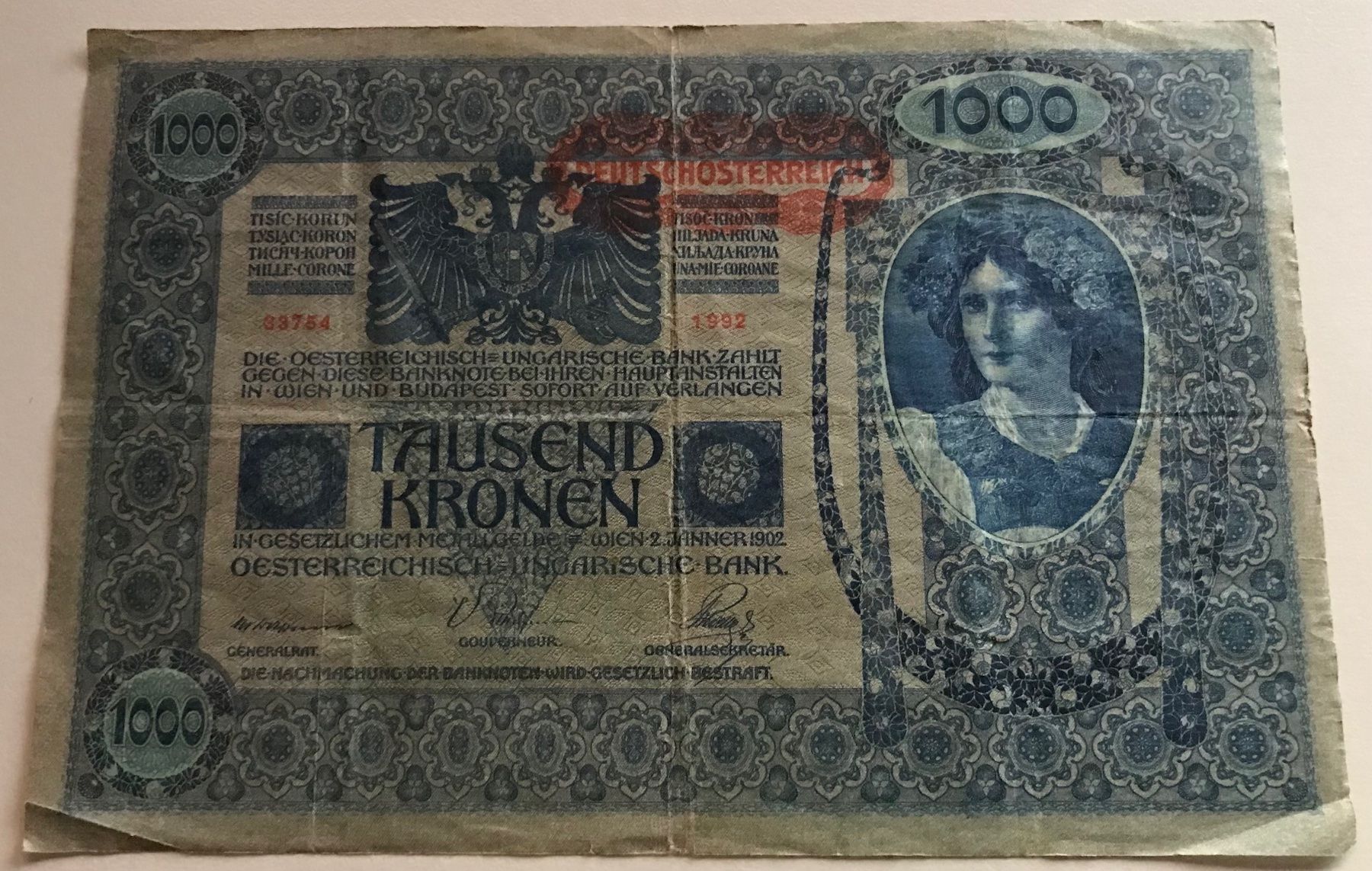 Banconote: Österreich 1000 Kronen 1902 – Usato da Algetshausen venduto da Carrhard