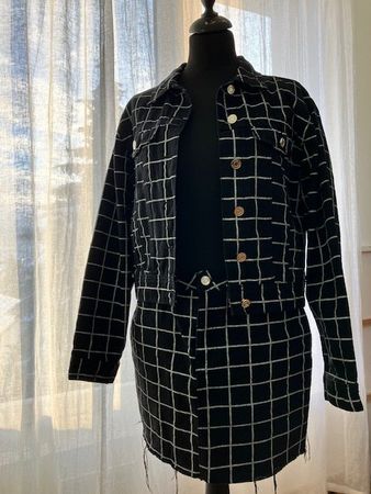 Schwarzes Jeans Set  kariert, Gr. 38/Jacke, Gr. 40/Rock
