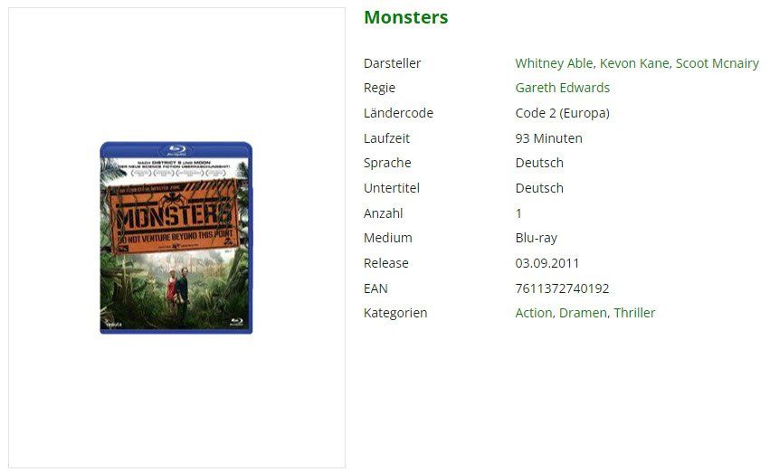 Tutti i DVDs: Monsters (Bluray) – Usato da Emmetten venduto da SVollenweider