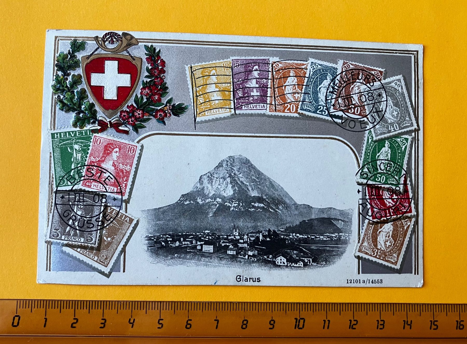 Cartoline postali: AK Glarus 1908 Beste Grüsse mit Briefmarken – Usato da Aarau venduto da luck123