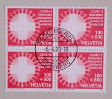 4er-Block Briefmarke Corona Covid 19 mit ET-Vollstempel