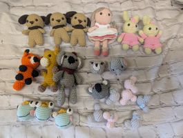 Häkel-Spielzeug Set Tiere und Puppe handgefertigt. neu 