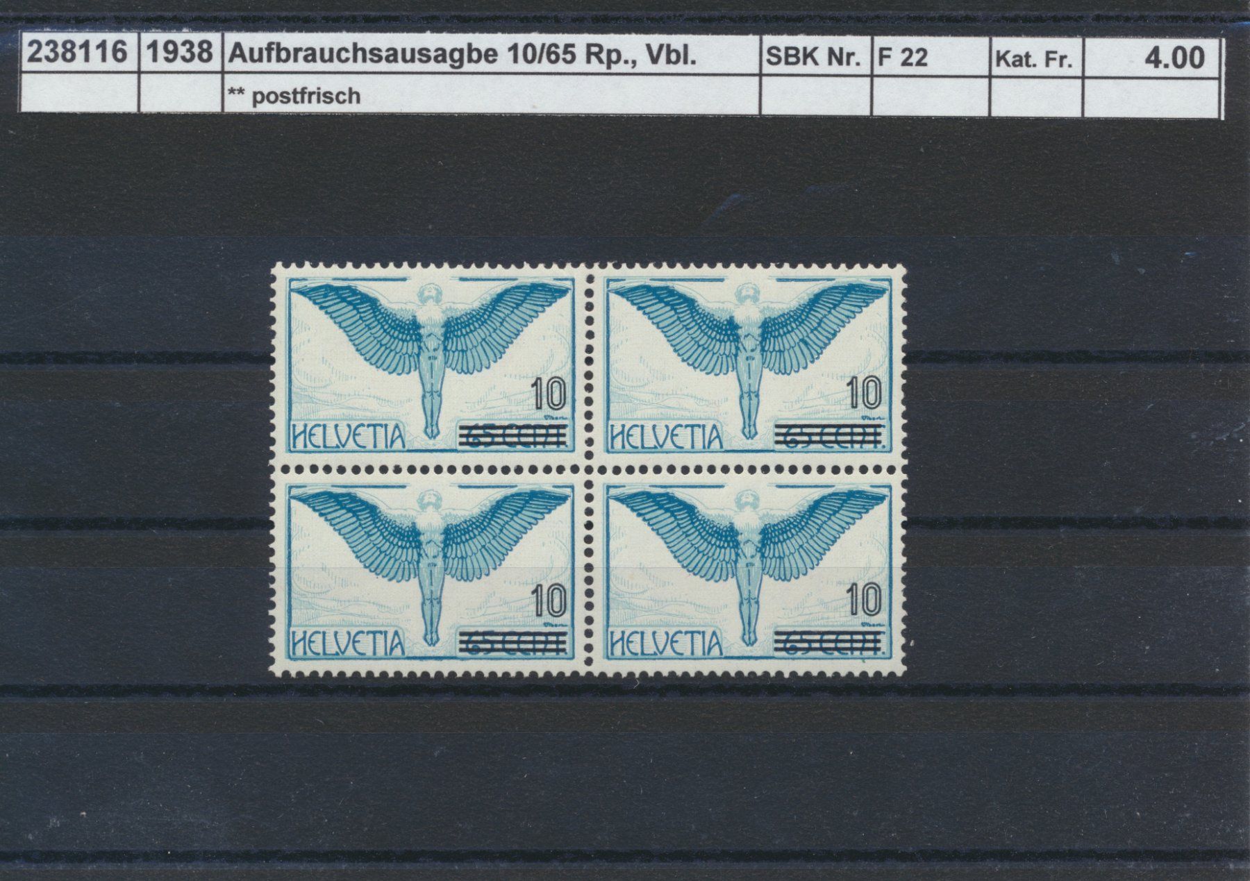 Tutti i francobolli: 1938 Flugpost - 10/65 Rp., Viererblock, ** postfrisch – Nuovo (secondo la descrizione) da Winterthur venduto da Zupogeru