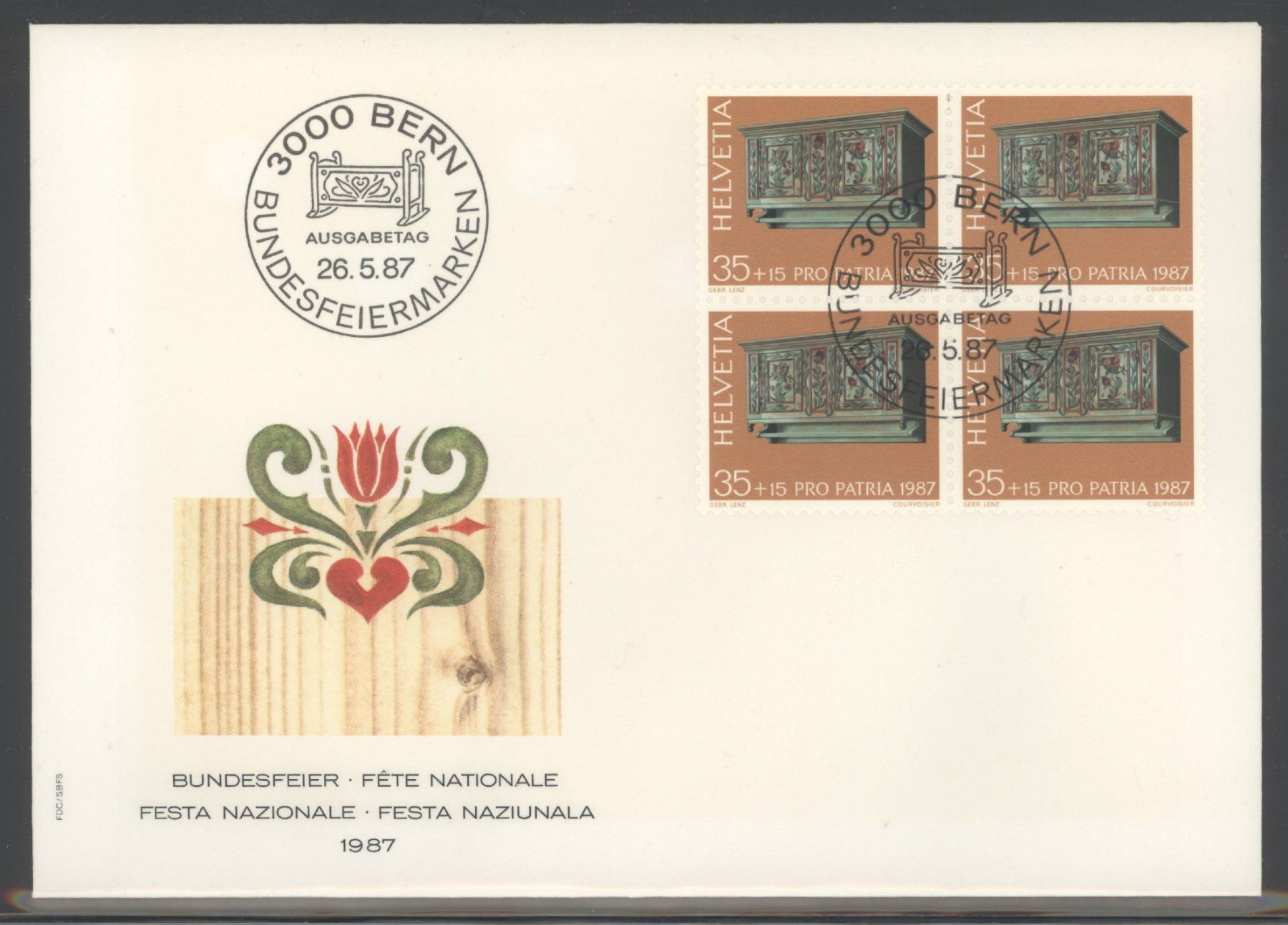 Tutti i francobolli: 1987, Pro Patria, FDC, Viererblöcke – Usato da Willisau venduto da Vollstempel 1