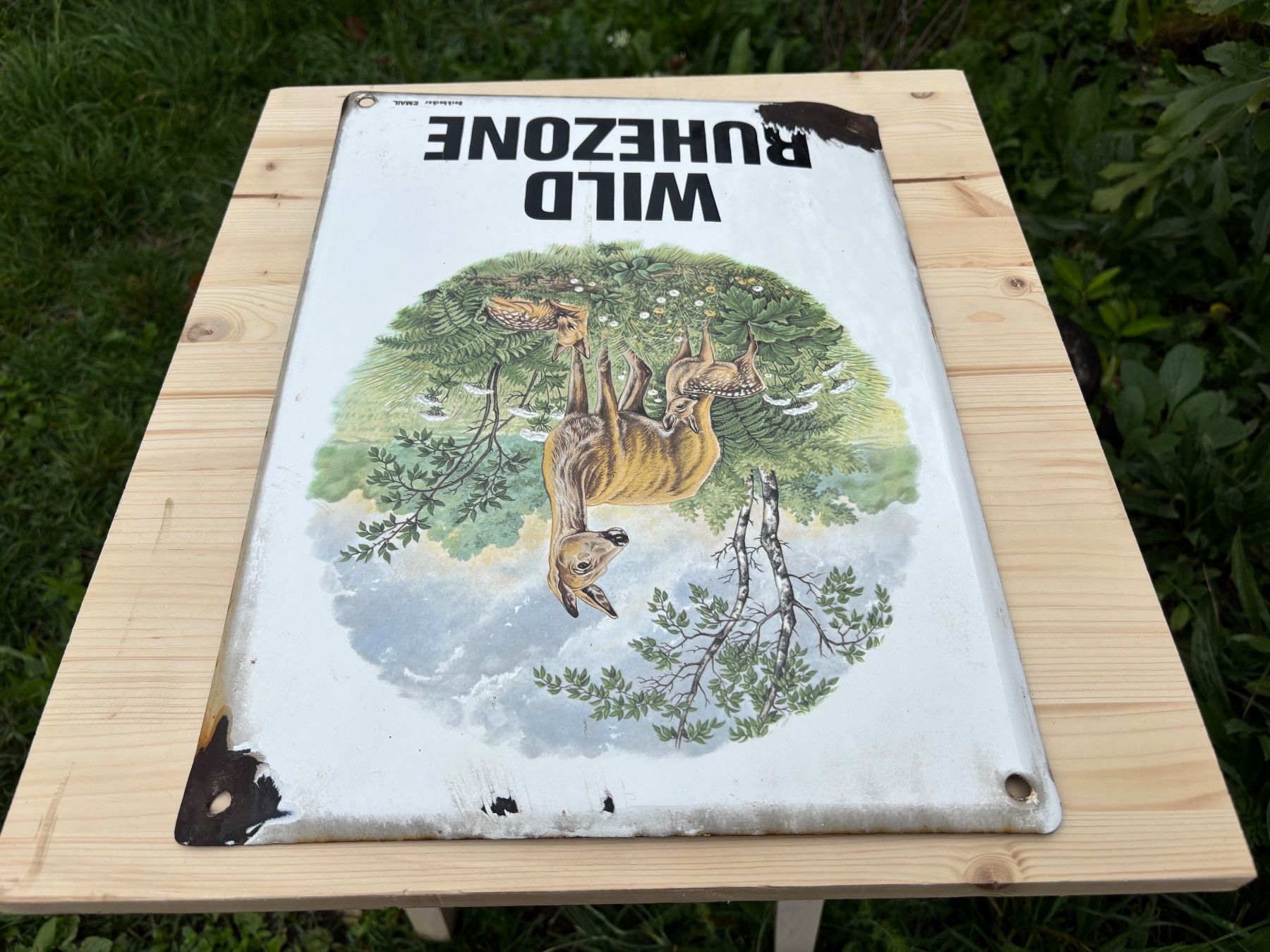 Insegne: seltenes altes Bockhacker Emailschild Wild Ruhezone – Usato da Feldbach venduto da Olive1 5