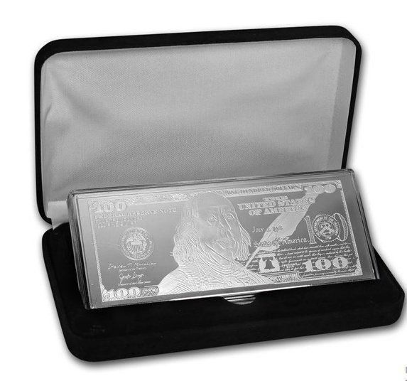 4 Unzen Silberbarren – Motiv „100 Dollar Schein“ 2013, Mit Box Und Zertifikat