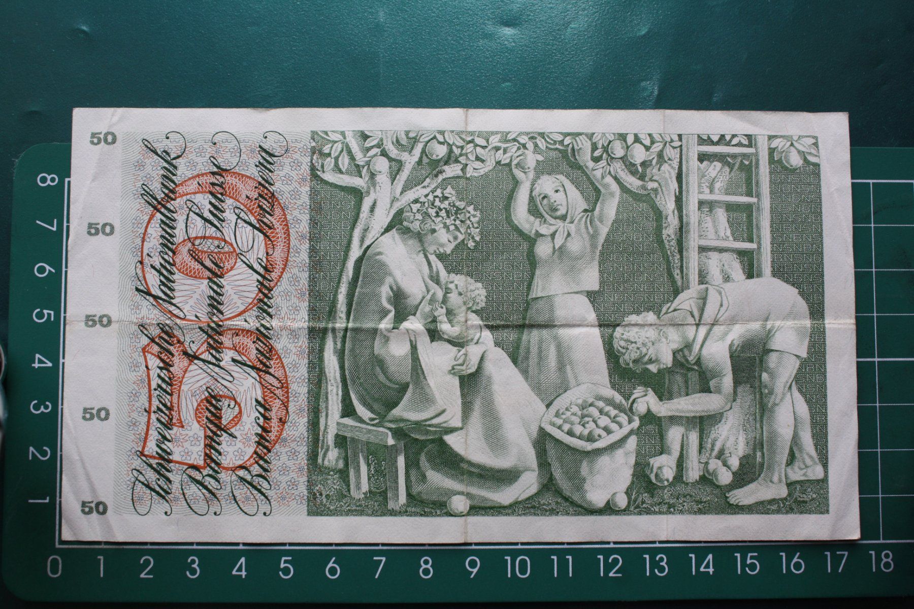 Banconote: apfelernte banknote 50 franken 1973 – Usato da Laupen BE venduto da Gufi57 1