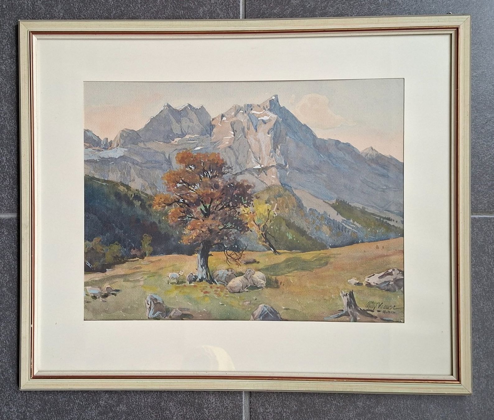 Dipinti: Krause Willy, München, Landschaft, Aquarell, Schafe, Baum – Usato da Herisau venduto da Saentis1 1
