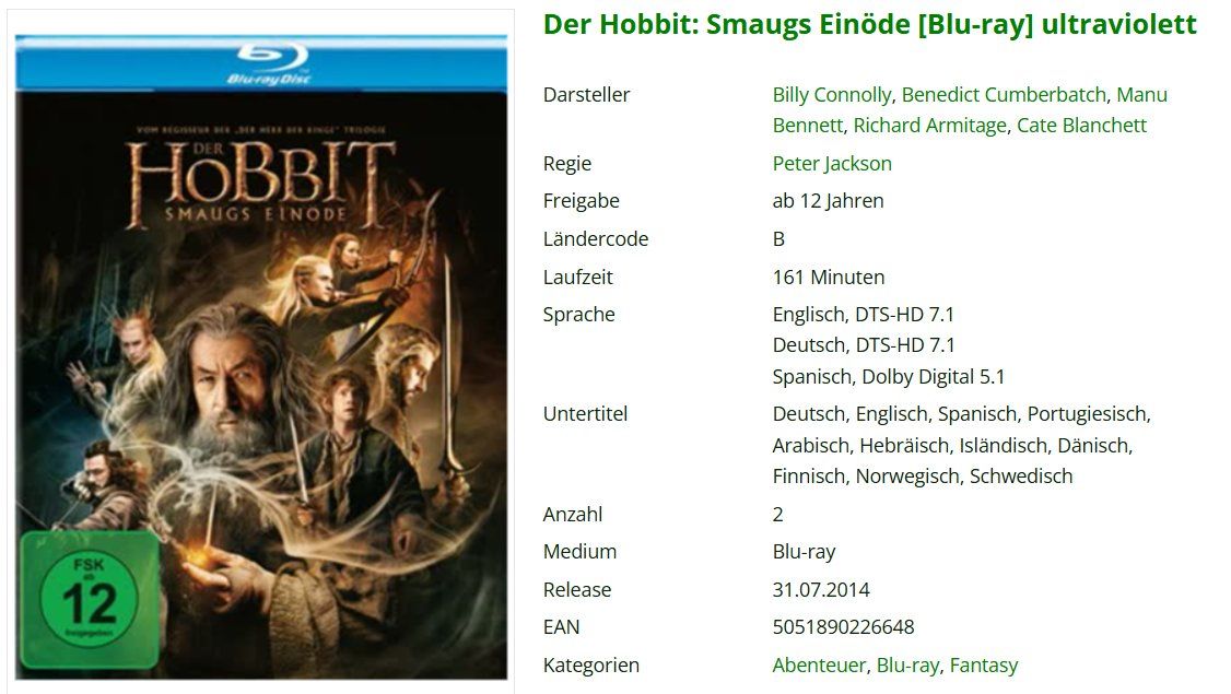 Alle DVDs: Der Hobbit - Smaugs Einöde (Blu-ray) – Gebraucht aus Dietikon von Ruempfli 1