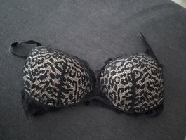 Damen BH mit Spitze und Leo-Muster, schwarz / Grösse 75B