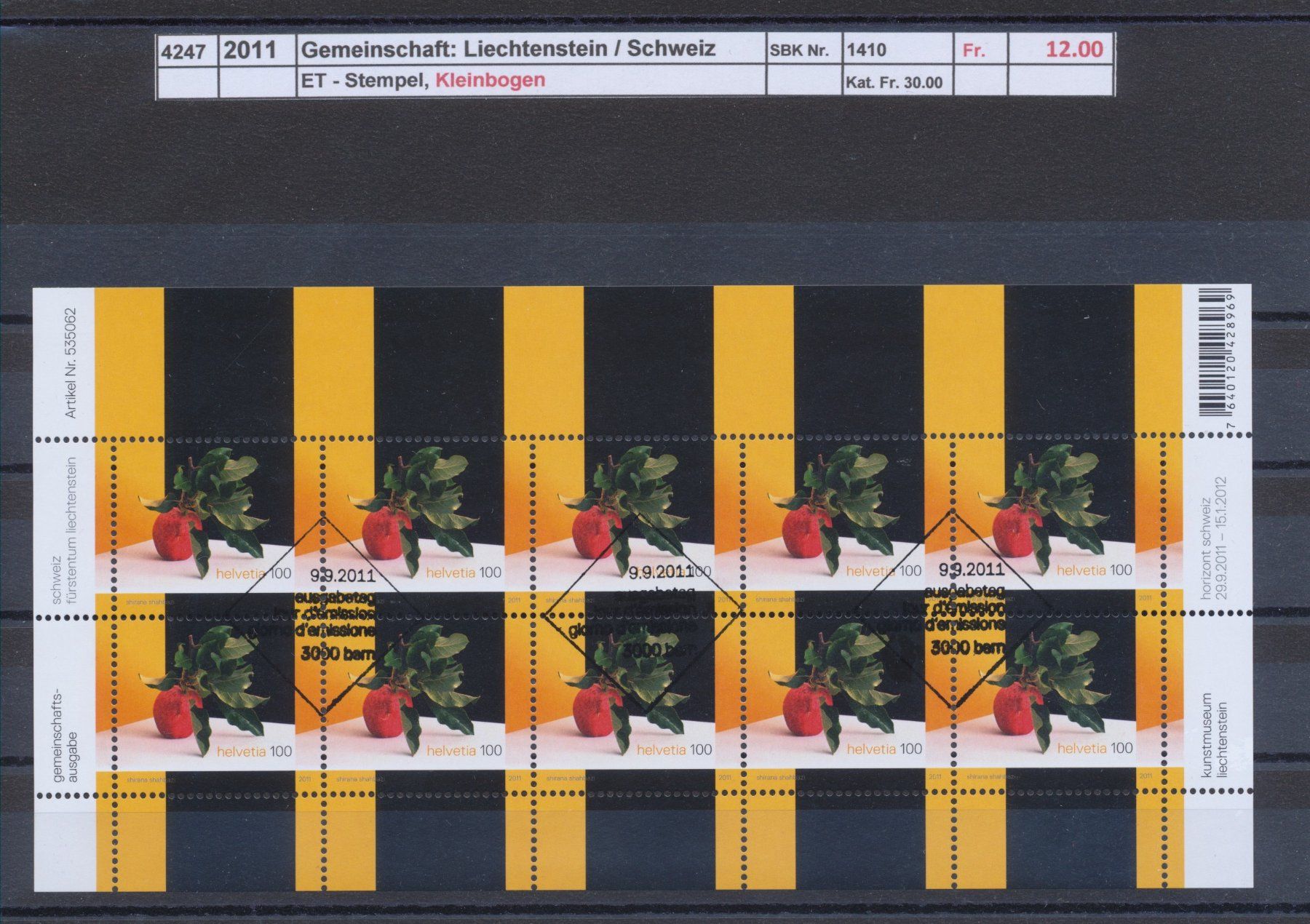 Tutti i francobolli: 2011 Gemeinschaft: "Liechtenstein / Schweiz", Kleinbogen, ET – Usato da Winterthur venduto da Zupogeru
