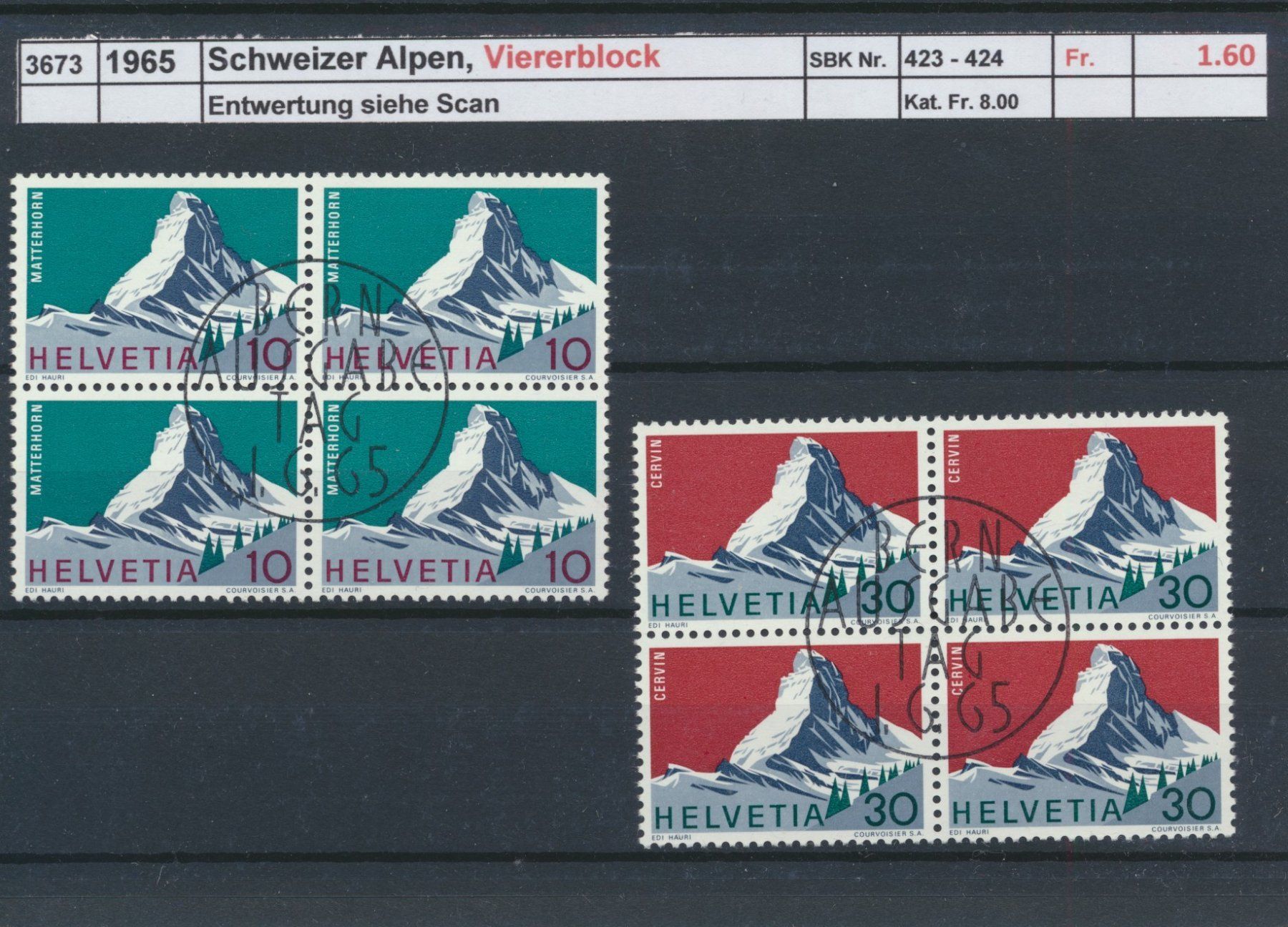 Tutti i francobolli: 1965 "Schweizer Alpen"., Viererblock, gestempelt – Usato da Winterthur venduto da Zupogeru