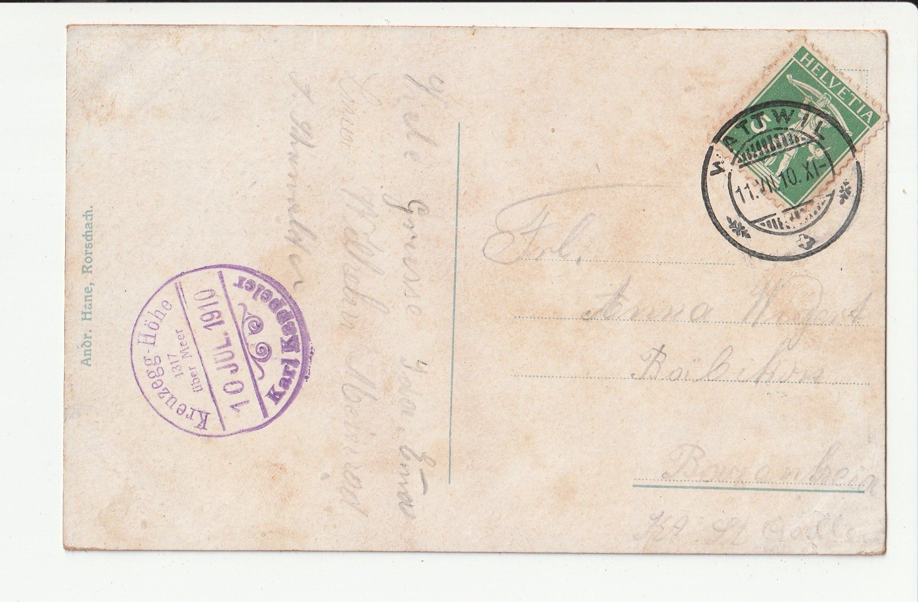 Ansichtskarten: Kreuzegg Wattwil um 1900 – Gebraucht aus Rheineck von rhynegg 1