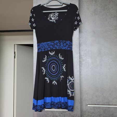 🐸 DESIGUAL STRETCH KLEID XS SCHWARZ BLAU WEISS