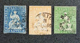 SWITZERLAND 1857 à 1859: «Strubeli», 3 timbres G, oblitérés