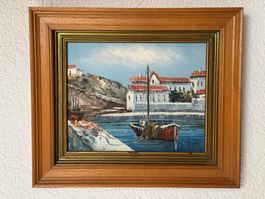 Tableau peinture à l'huile signée – Scène maritime